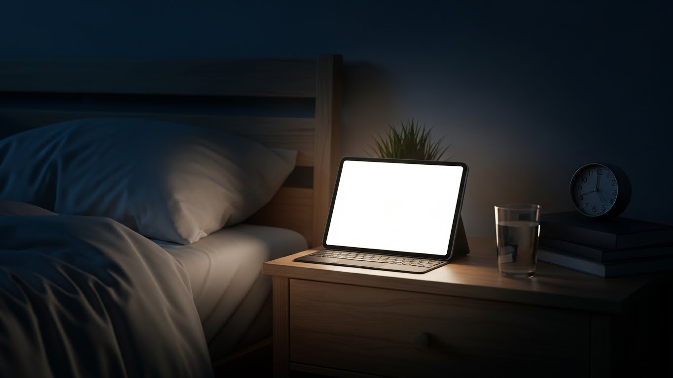 Bedroom setup showing tablet with dim white screen positioned as ambient night light on nightstand